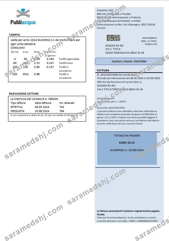 Italy Publiacqua business utility bill template in Word and PDF format